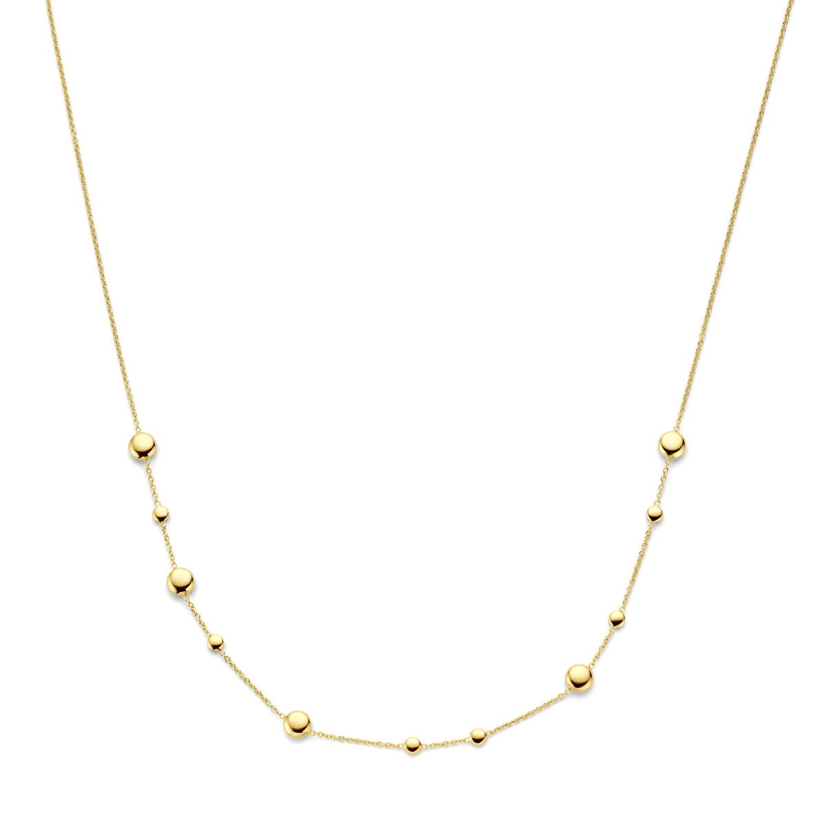 Collier en or jaune 14K avec des billes espacées, longueur de 42 à 45 cm.