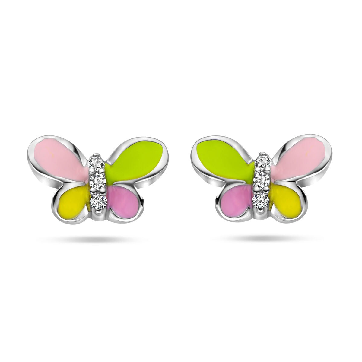 Boucles d'oreilles en forme de papillon en argent rhodié 925, ornées de zirkonia et de couleurs pastel rose, vert et jaune.
