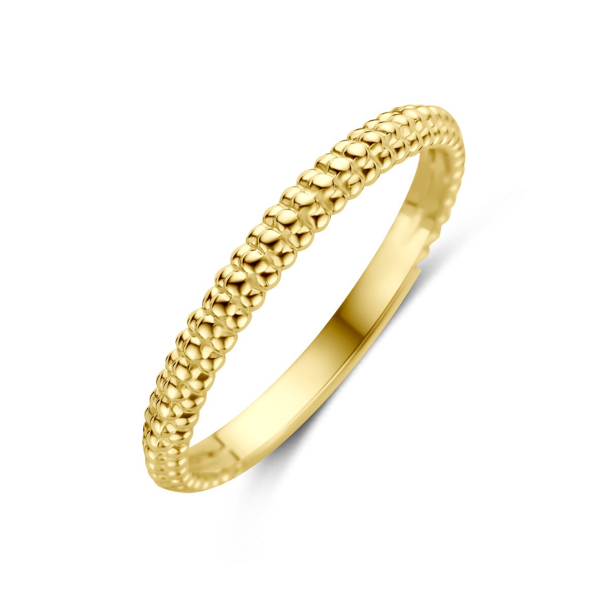 Bague en or jaune 14 carats avec un motif texturé sur toute la surface.