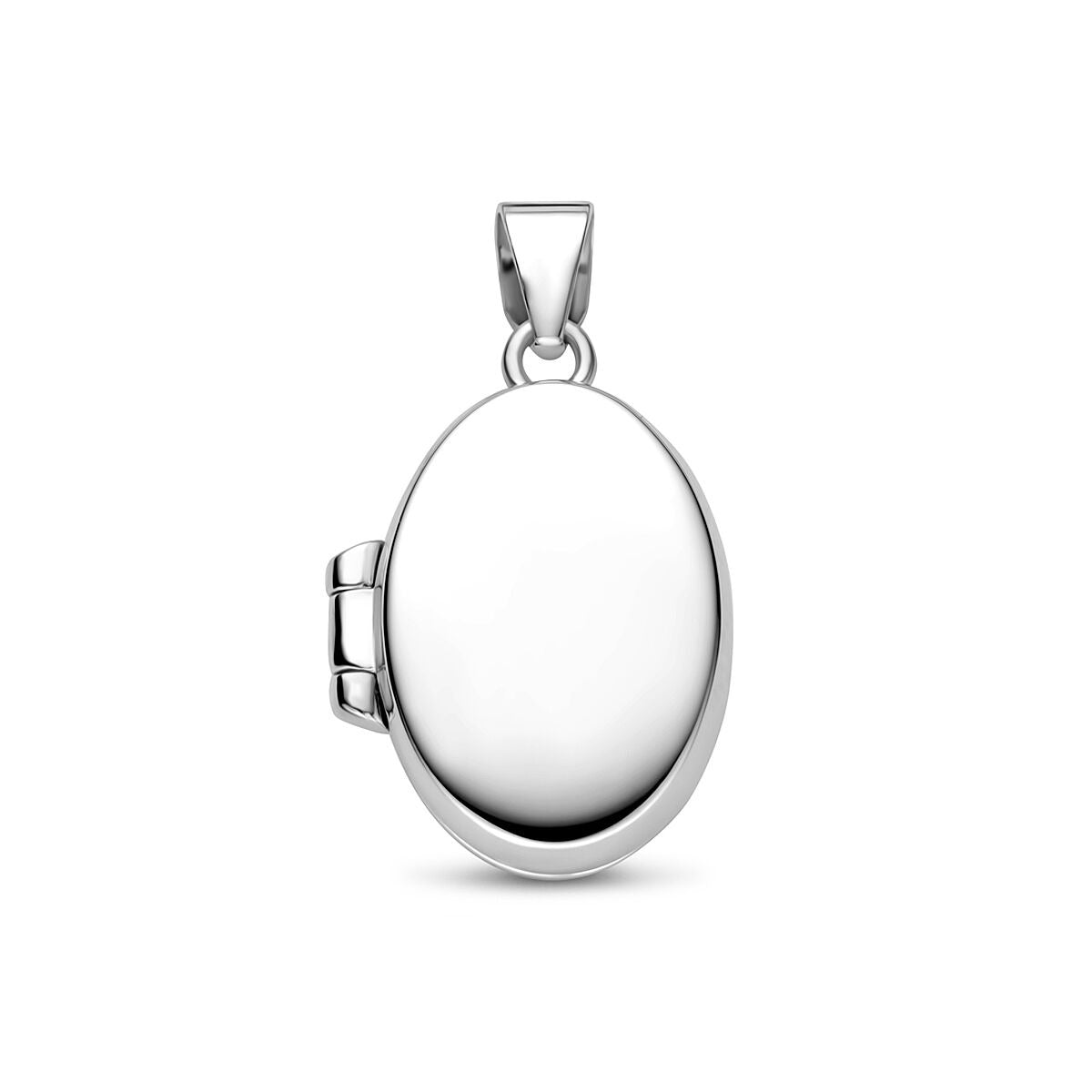 Pendentif ovale en argent rhodié avec une finition lisse et brillante.