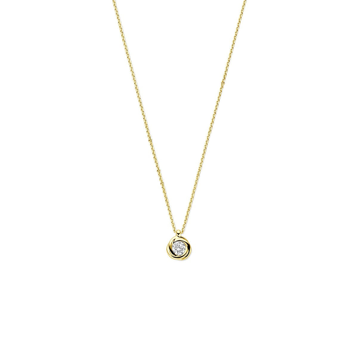Collier en or 14 carats avec zirconia, chaîne jasseron délicate et pendentif rond.