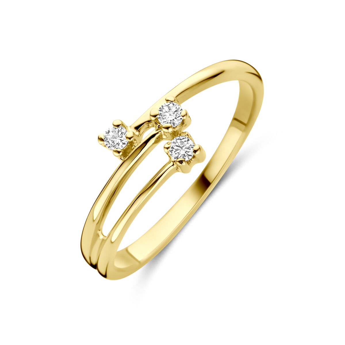 Bague en or jaune 14 carats avec trois zirconias brillants.