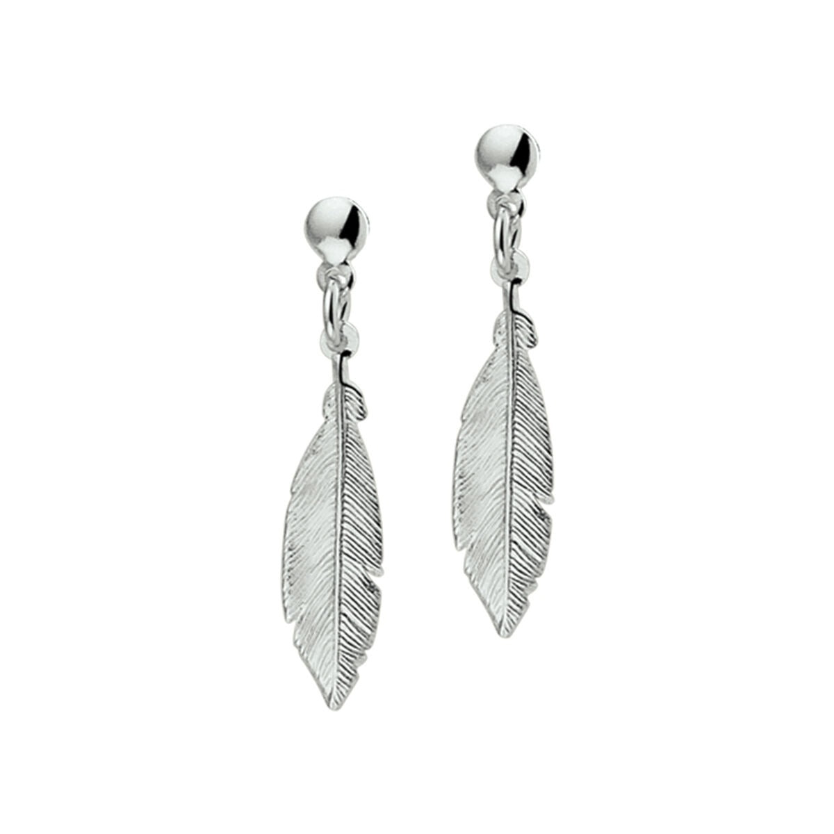 Boucles d'oreilles en argent rhodié en forme de plume avec un détail texturé.