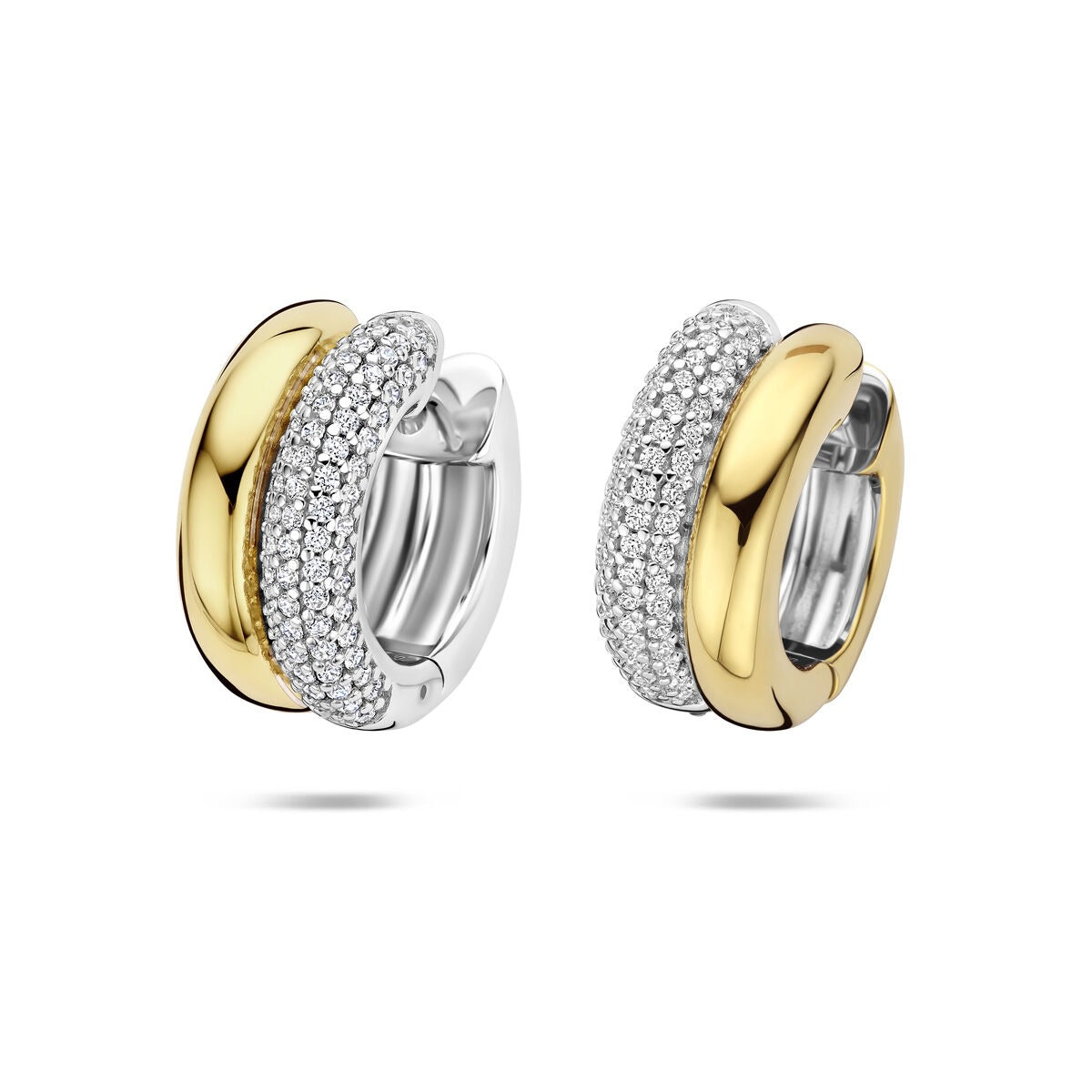 Boucles d'oreilles bicolores en argent doré avec zirconia, diamètre de 17,5 mm.