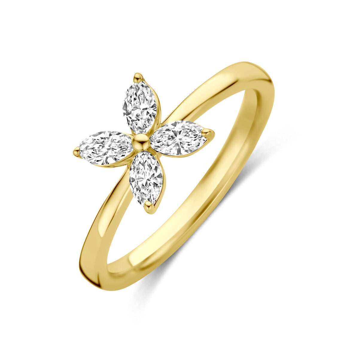 Bague en or jaune 14k avec une fleur en diamant lab grown, ornée de quatre pierres en forme de poire.
