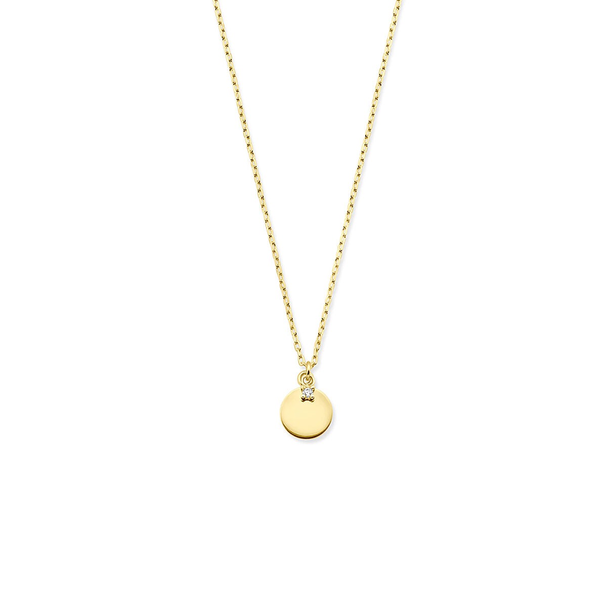 Collier en or jaune de 14 carats avec un rond et une zirconia, longueur de 40 à 44 cm.