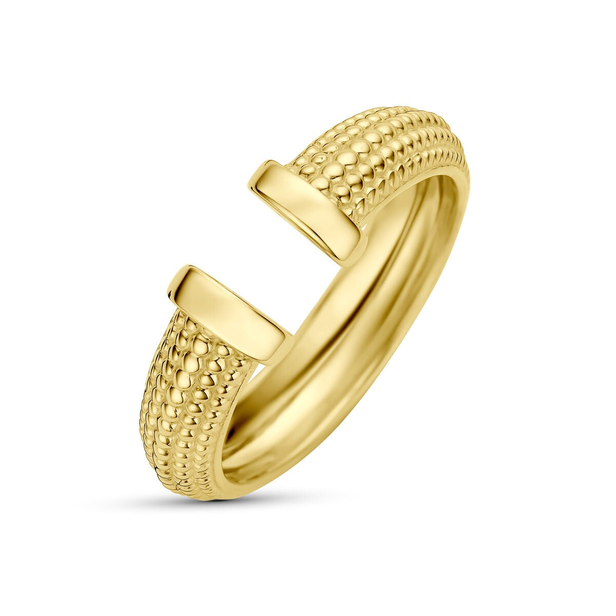 Bague en or jaune 14 carats avec un design texturé et ouvert.