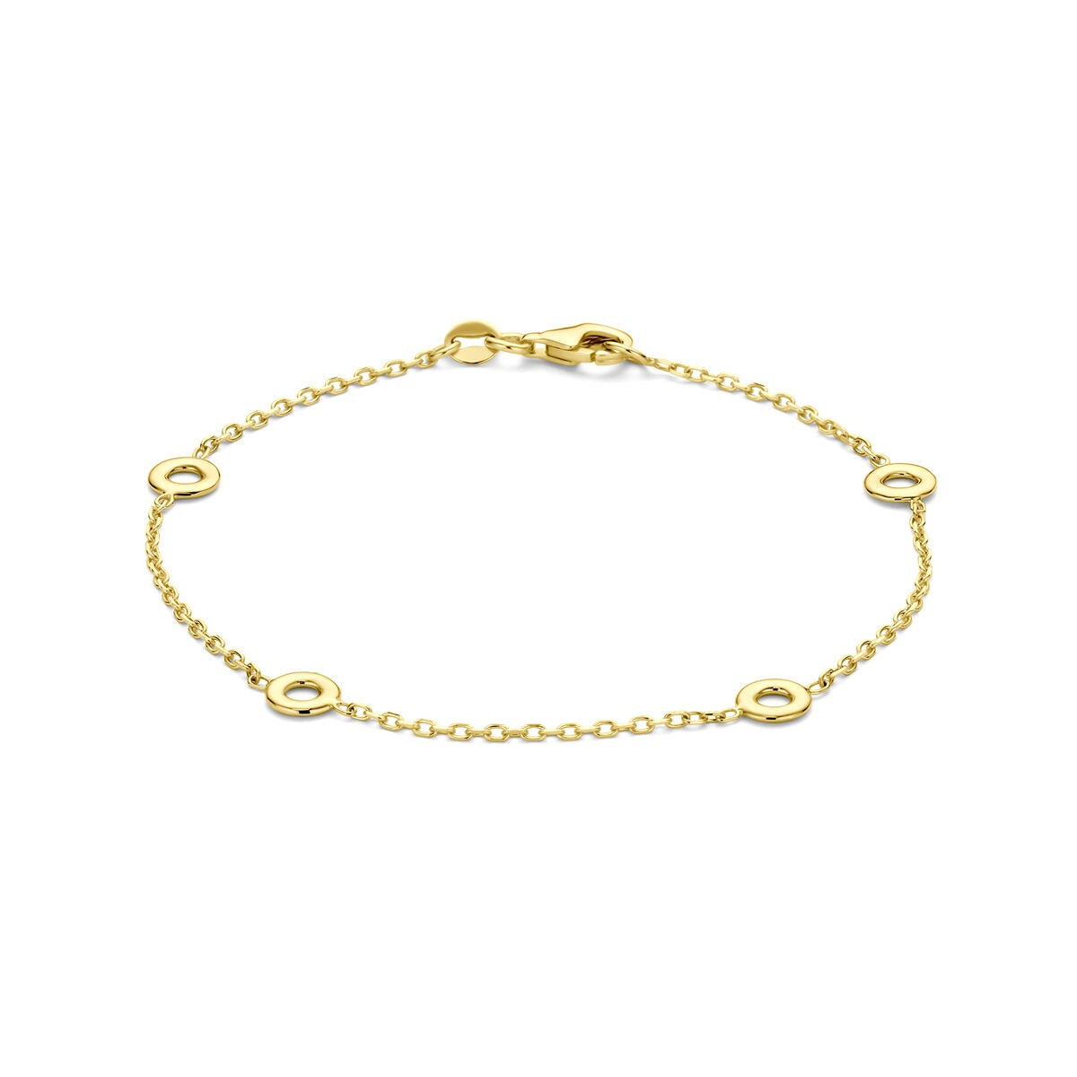 Bracelet en or jaune 14 carats avec des maillons fins et des cercles décoratifs.