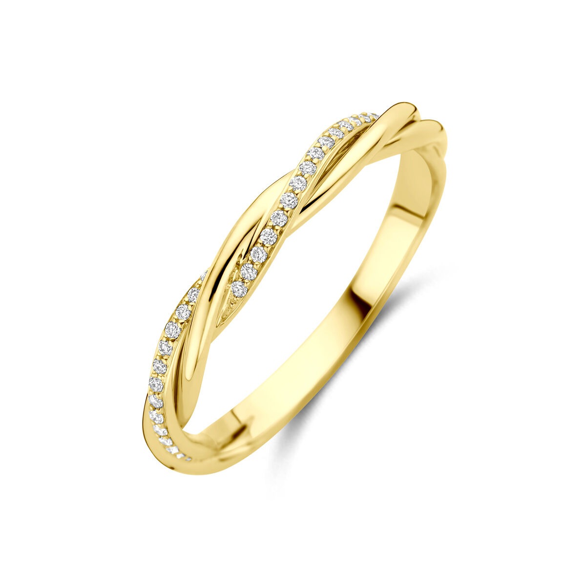 Bague en or jaune 14 carats avec diamants en sertissage pavé.