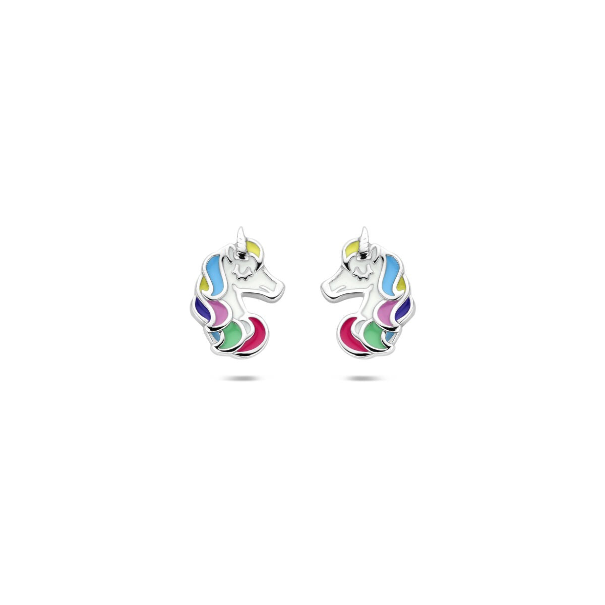 Boucles d'oreilles en argent rhodié en forme de licorne avec émail coloré.