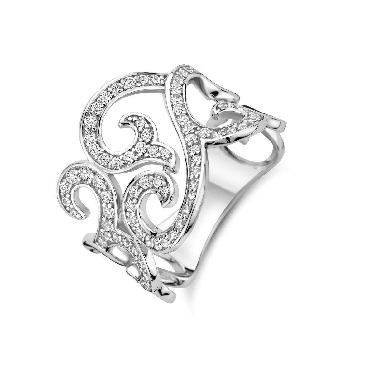 Bague en argent rhodié ornée de zircons, avec un design en spirale.