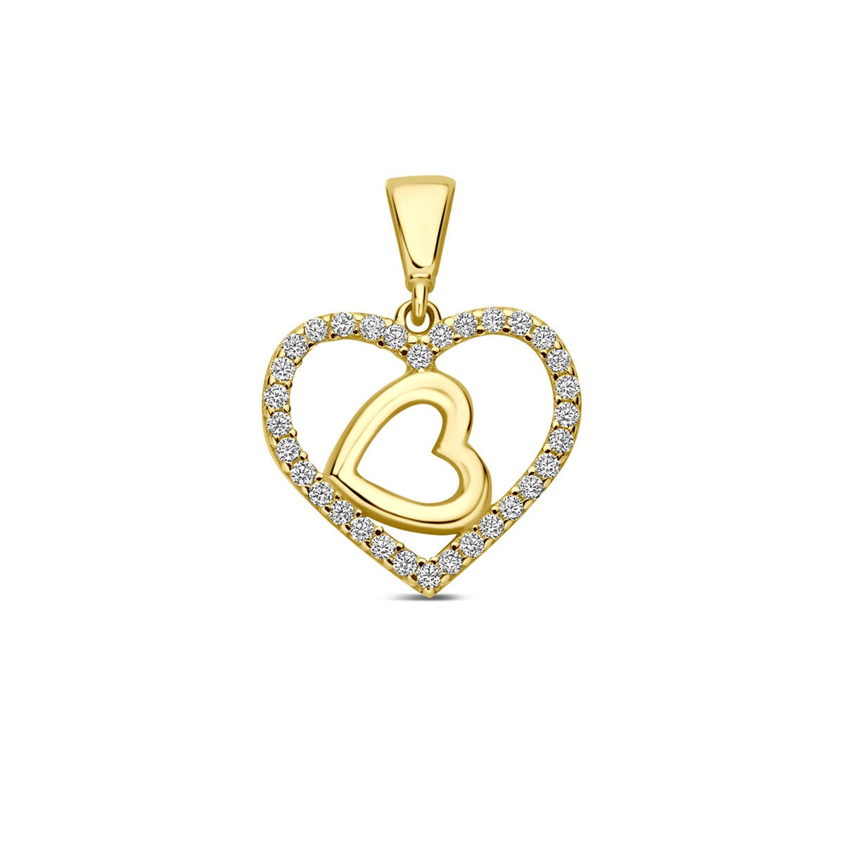 Pendentif en or jaune 9 carats en forme de cœur double, orné de zirconiums.