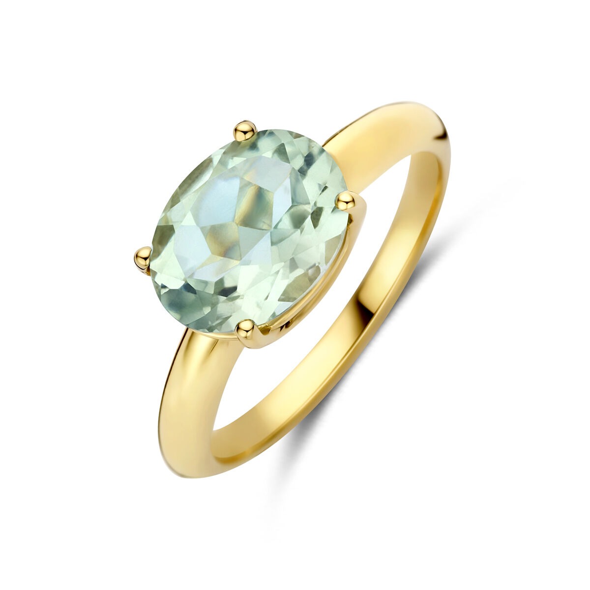Bague en or jaune 14 carats avec une améthyste verte ovale.
