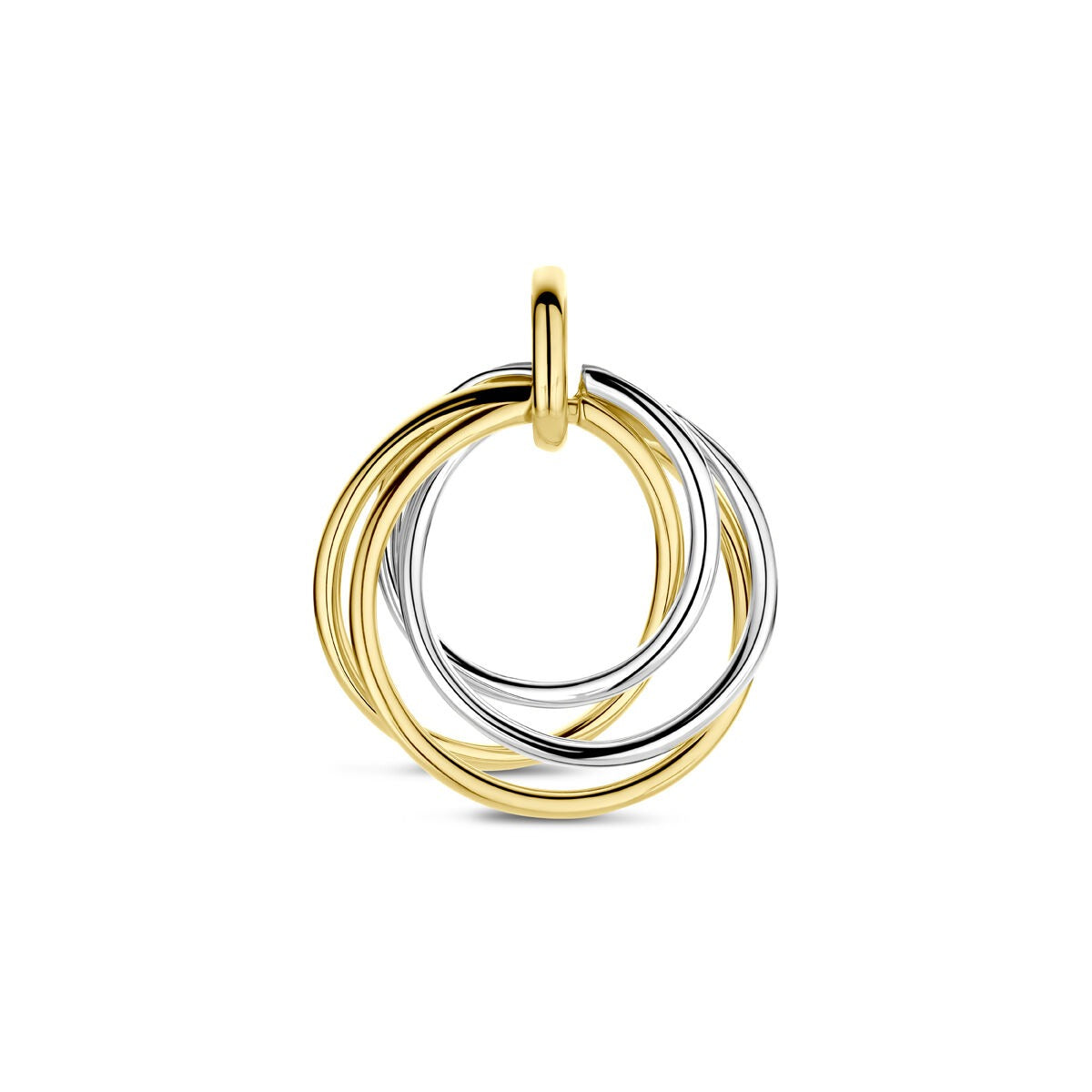 Pendentif bicolore en or jaune et blanc, formé de trois anneaux entrelacés, diamètre de 21 mm.
