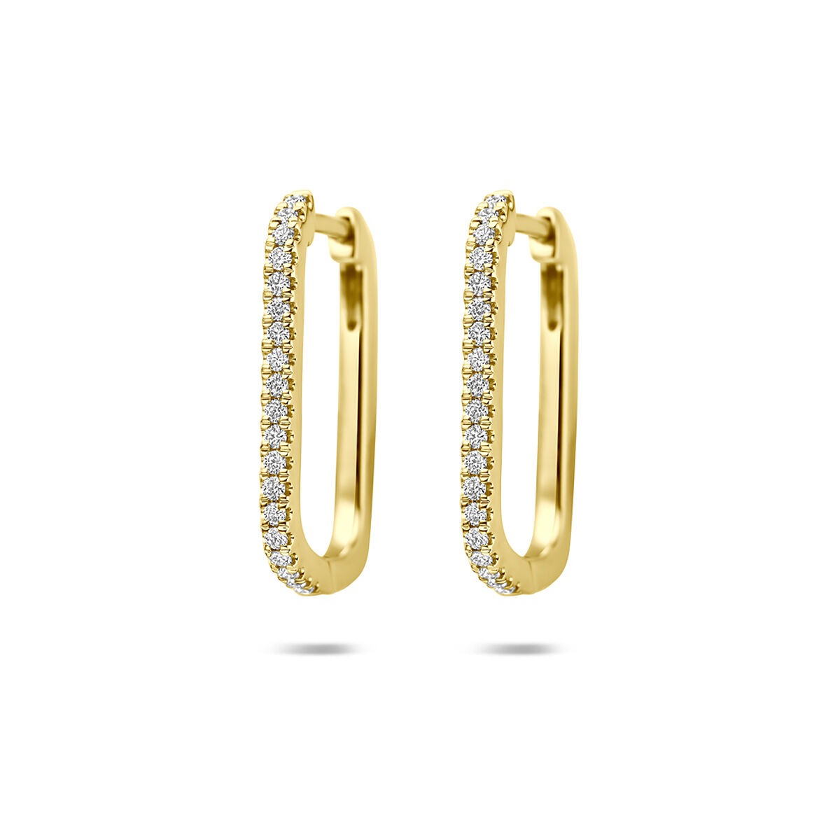 Boucles d'oreilles en or jaune 14 carats avec diamants cultivés en laboratoire, en forme allongée.