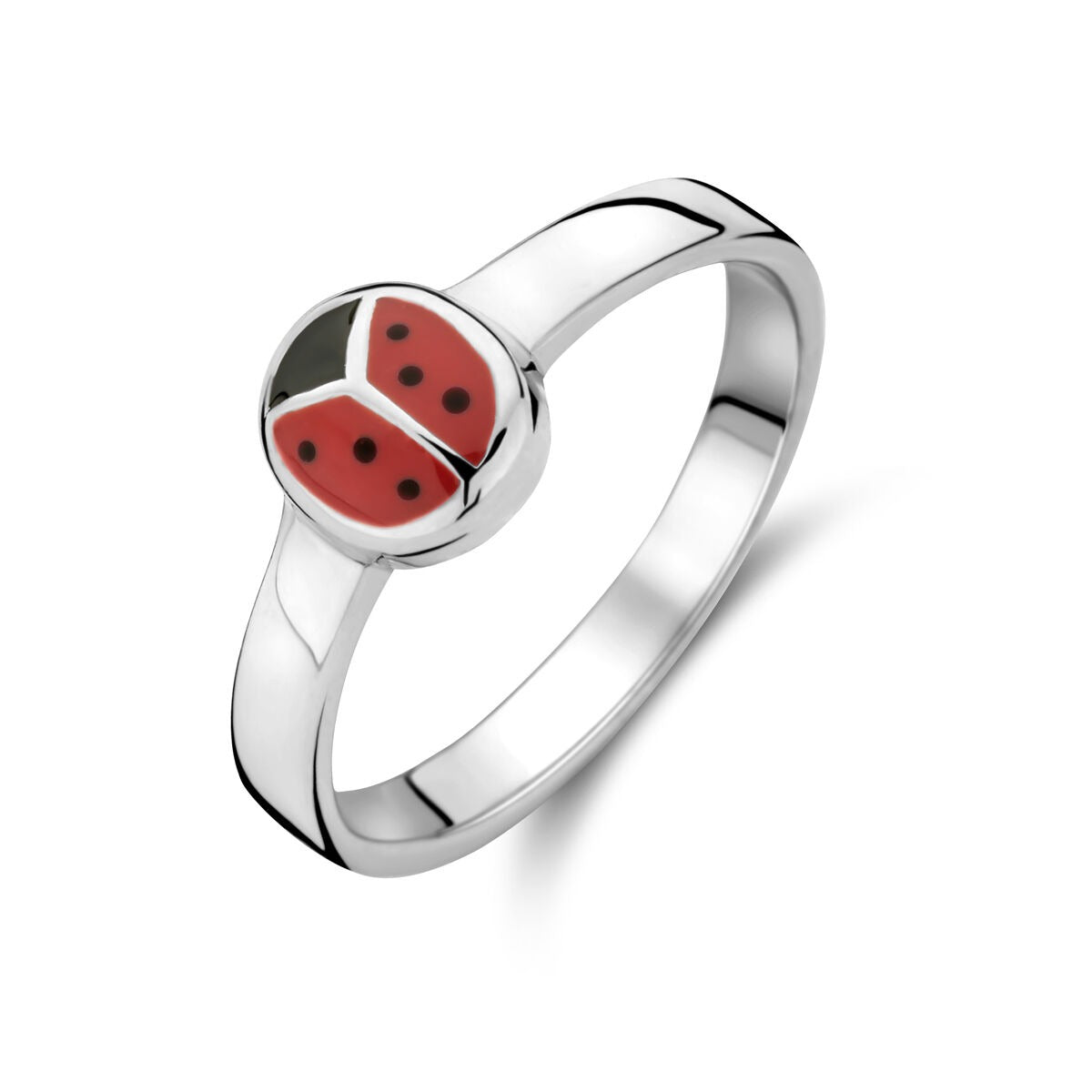 Bague en argent rhodié pour enfant avec un motif de coccinelle rouge et noire.