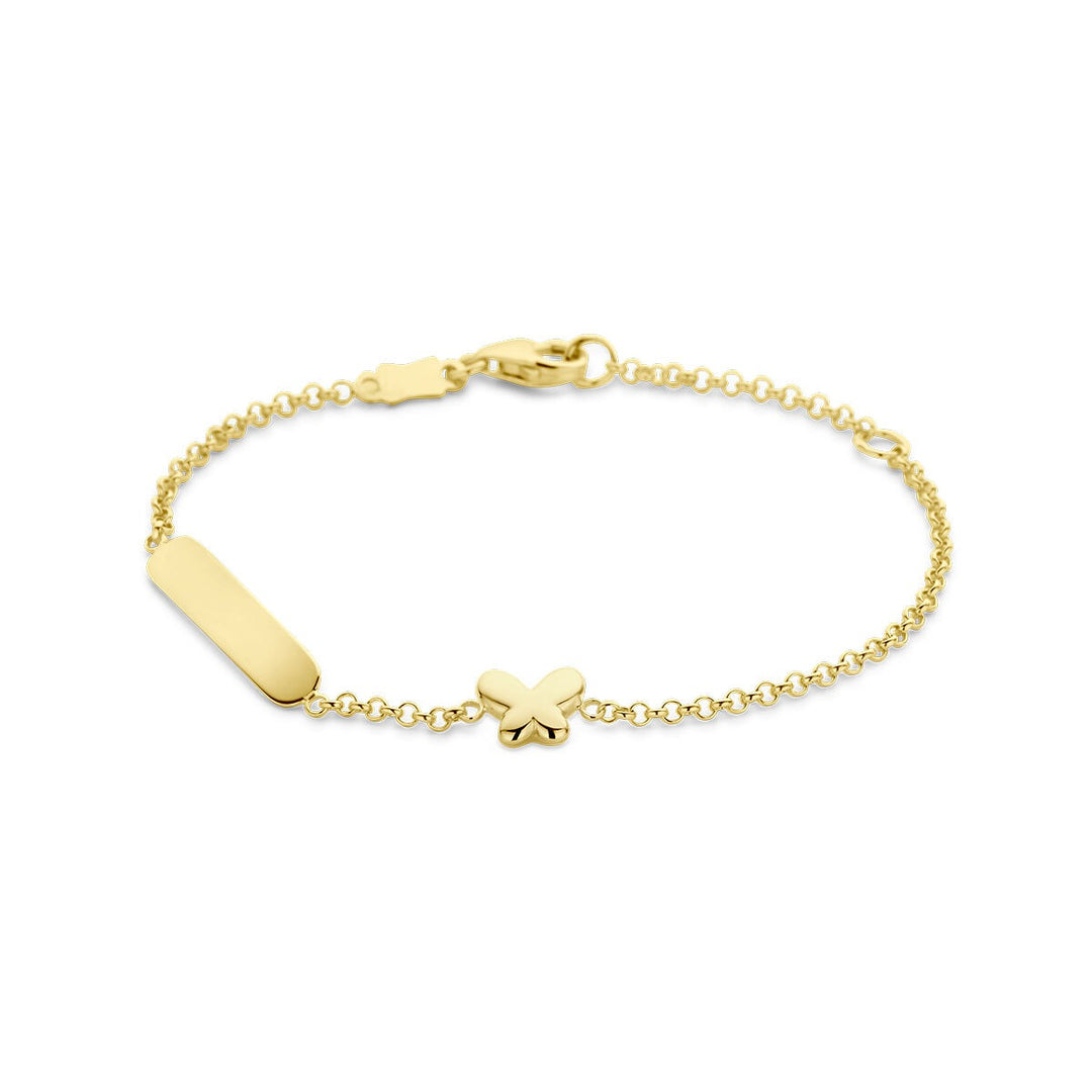 9k Geelgouden kinder graveerarmband met vlinder