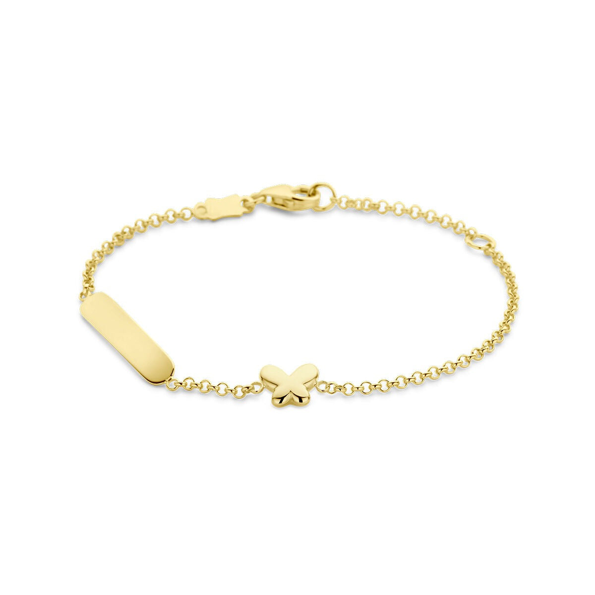 Bracelet en or jaune 9 carats avec une plaque gravable et un motif de papillon.