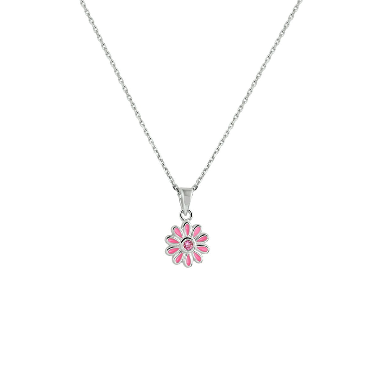 Collier en argent rhodié 925 avec pendentif en forme de fleur et zircon rose.