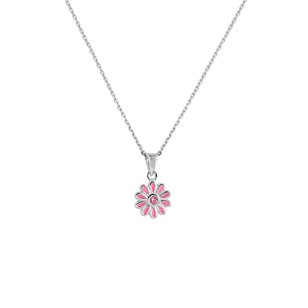 Zilveren kinderketting met bloemhanger en roze zirkonia – gerhodineerd