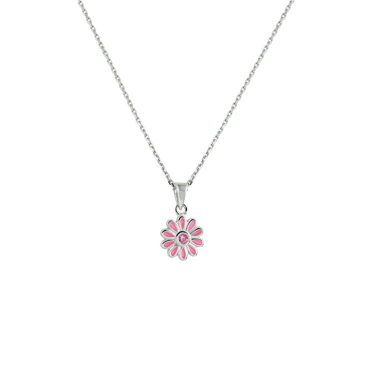 Zilveren kinderketting met bloemhanger en roze zirkonia – gerhodineerd