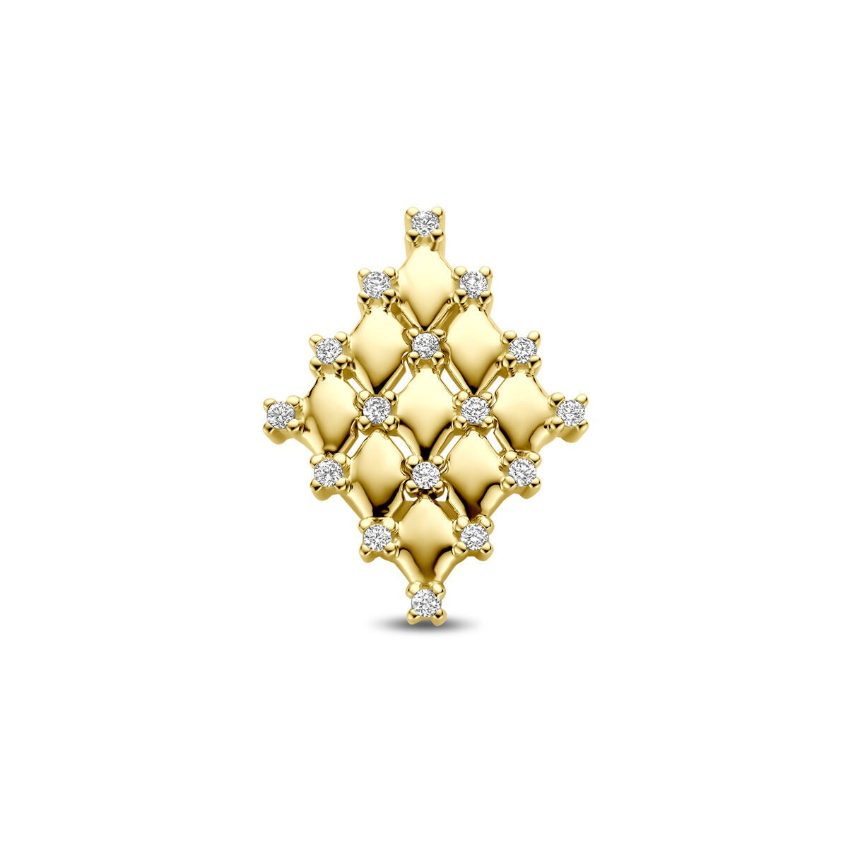 Pendentif en or jaune 14 carats avec diamants, design en forme de losange.