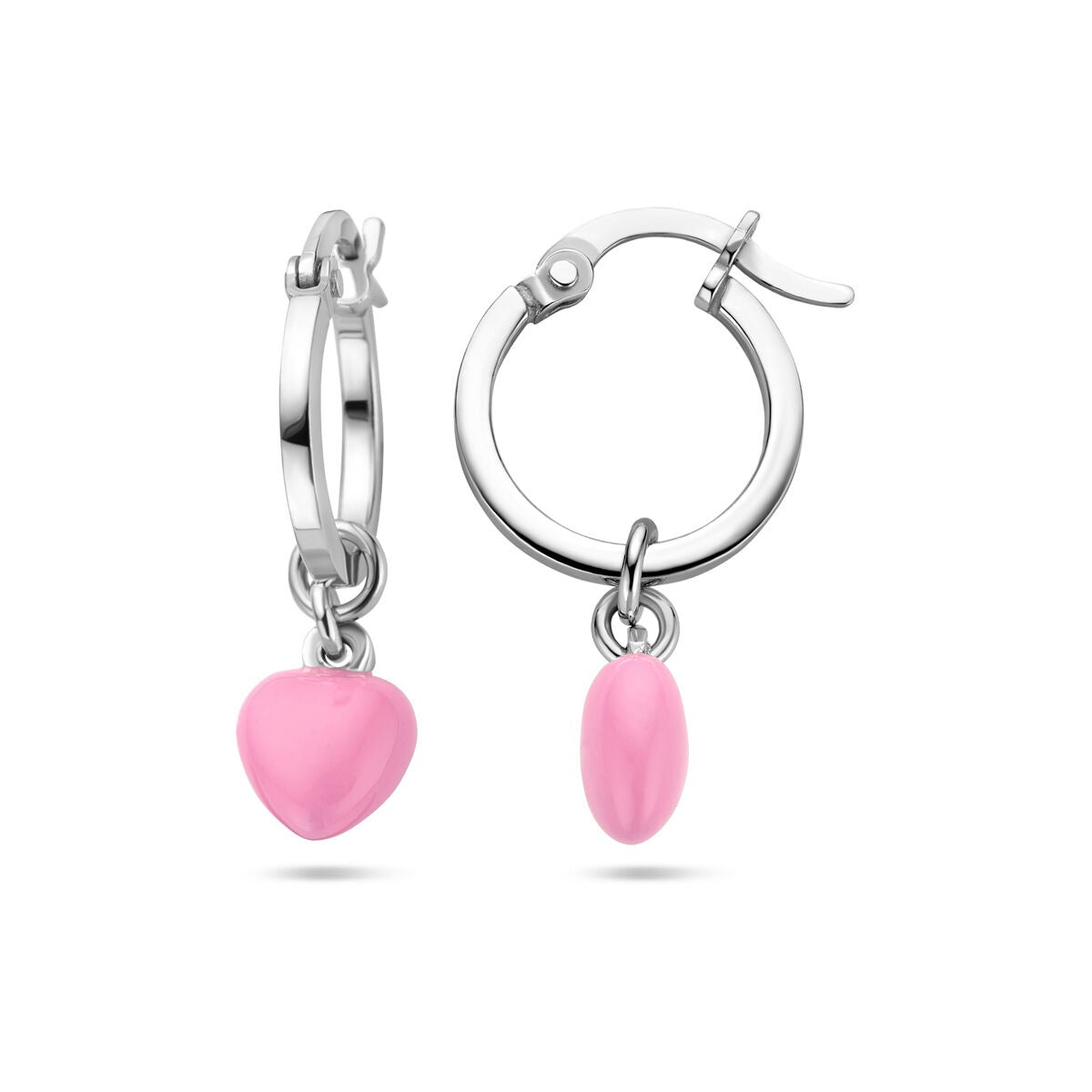 Boucles d'oreilles en argent rhodié avec un cœur en émail rose.