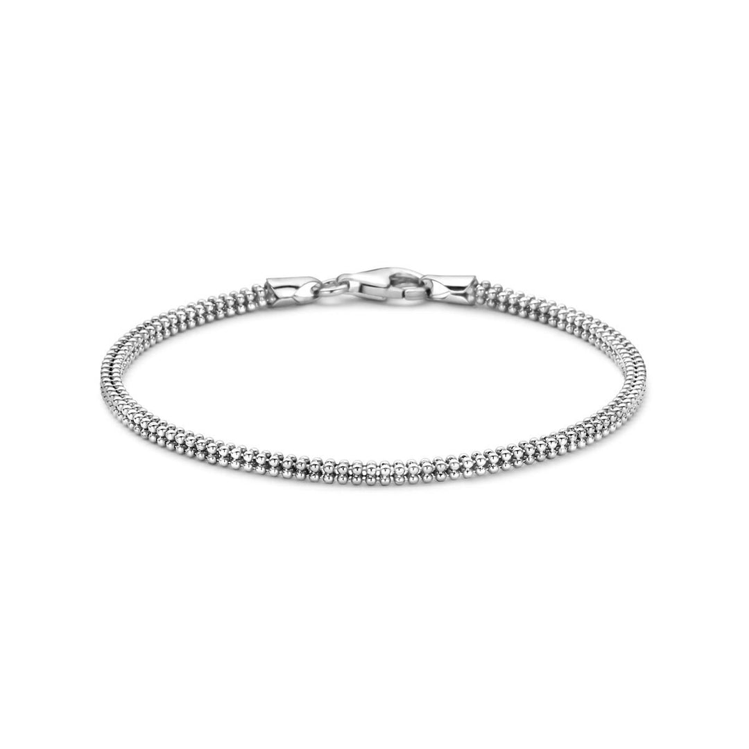 Gerhodineerde 925 zilveren popcorn armband met een flexibele, bolvormige schakelstructuur.