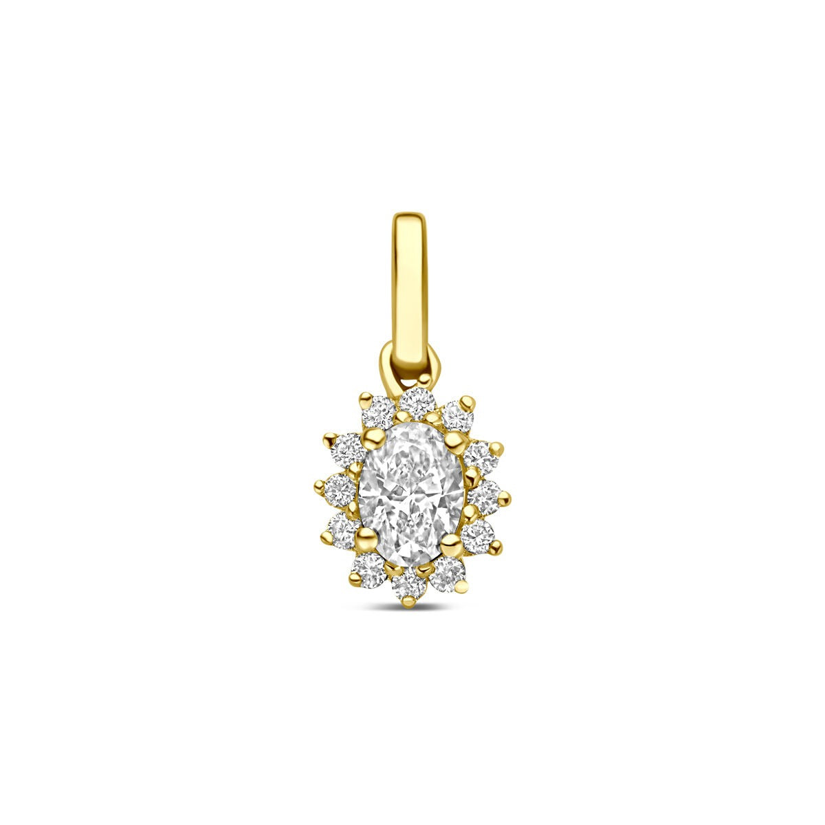 Pendentif en or jaune 14 carats avec un diamant lab grown de 0,21 ct, orné de petites pierres brillantes.