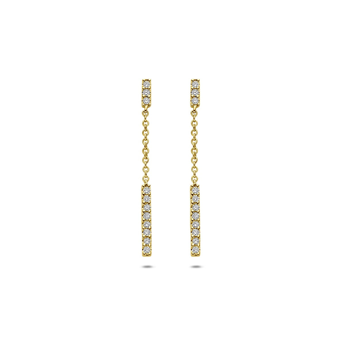 Boucles d'oreilles en or jaune 14 carats avec diamants, suspendues et délicates.