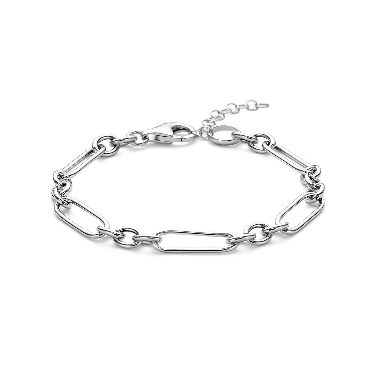 Gerhodineerde zilveren anker schakelarmband met een schakelpunt en een verlengketting.