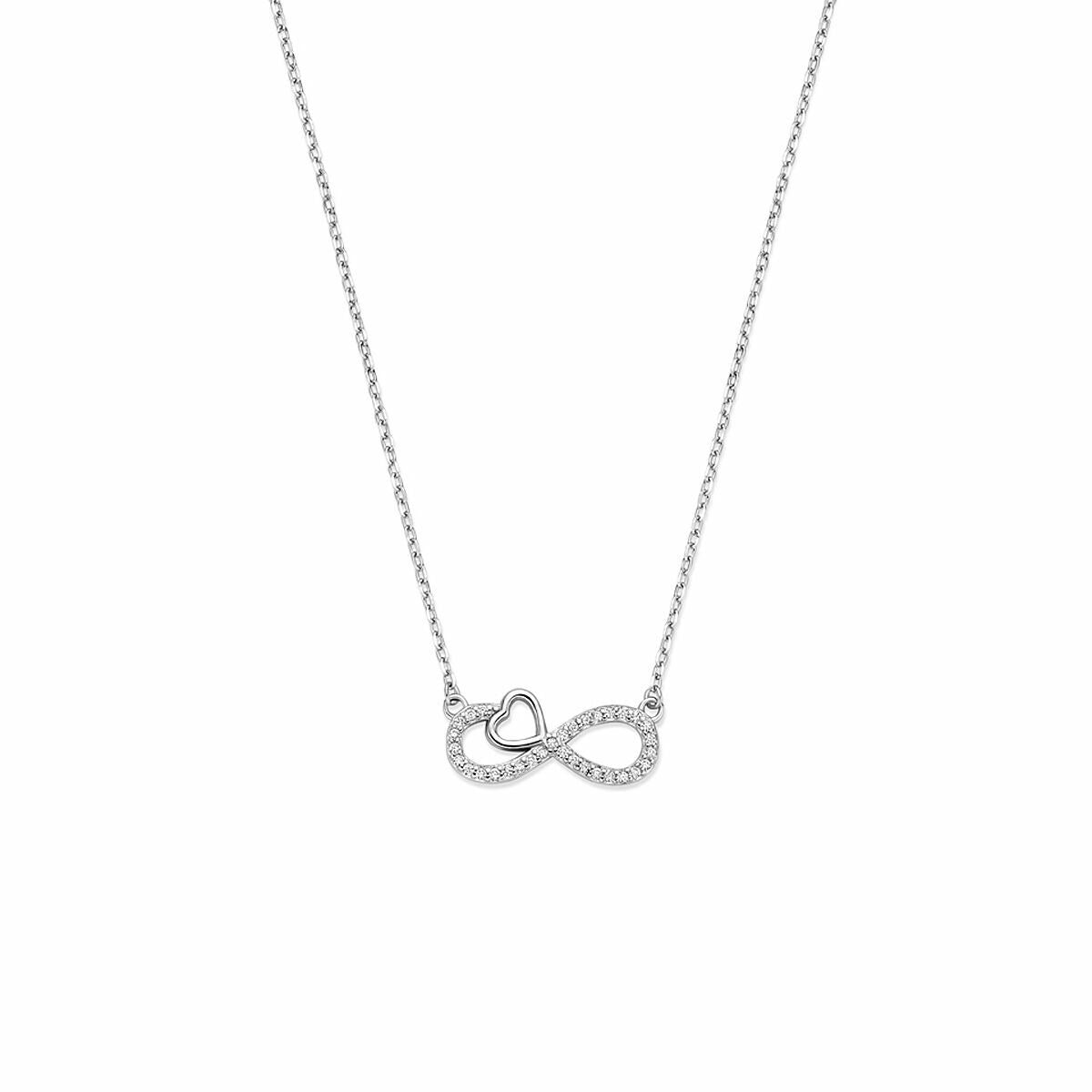 Collier en argent rhodié 925 avec un motif infini et un petit cœur, orné de zirconia.