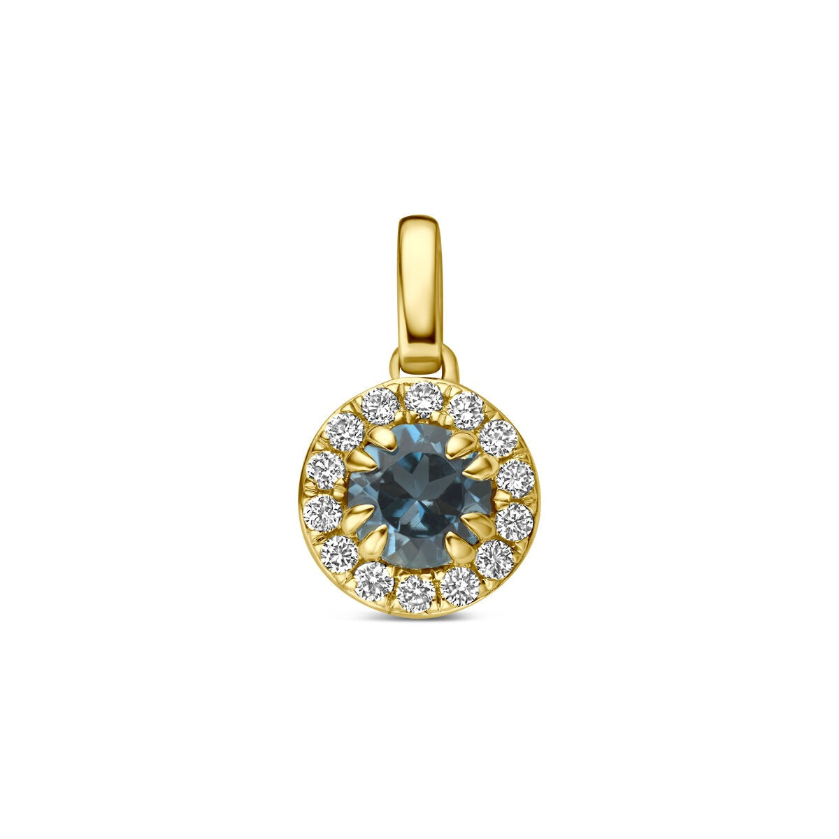 Pendentif en or jaune 14 carats avec topaze bleu de Londres et diamant cultivé en laboratoire.