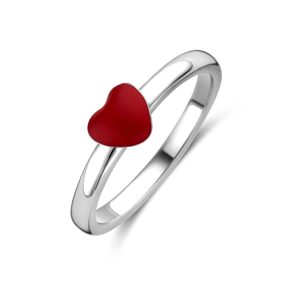 Bague en argent rhodié avec un cœur rouge en relief.