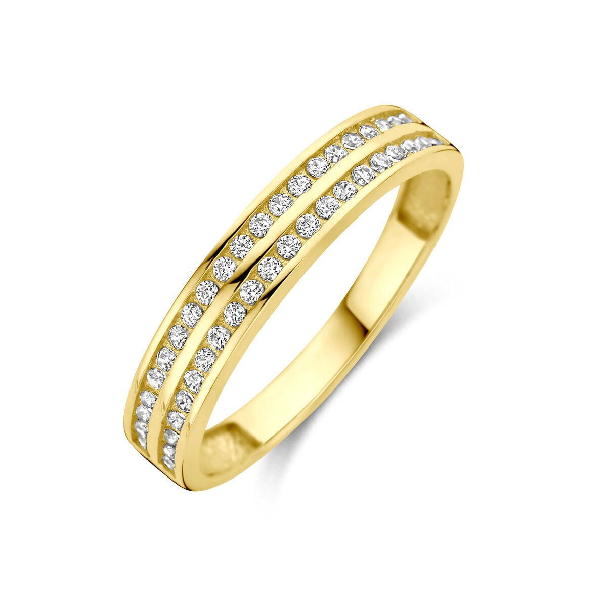 Bague en or jaune 14 carats avec zircons, finition lisse, largeur de 3,5 mm.