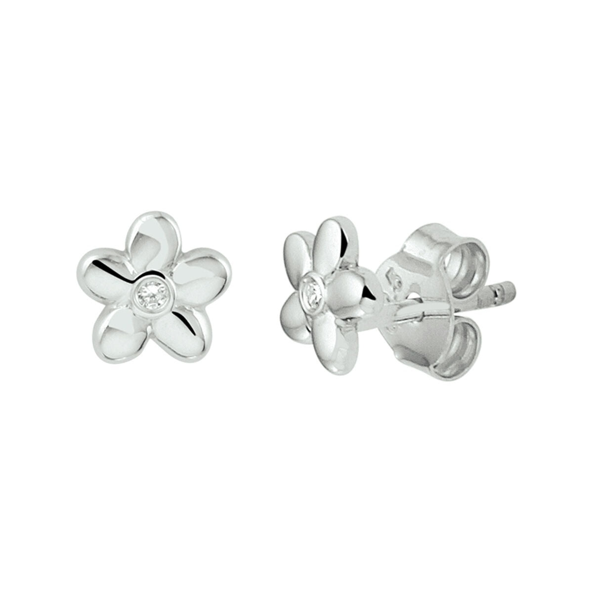 Boucles d'oreilles en argent en forme de fleur avec zircon transparent, finition rhodiée.