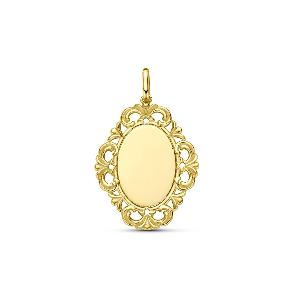 Pendentif en or jaune 9 carats avec un design orné et une surface lisse pour gravure.