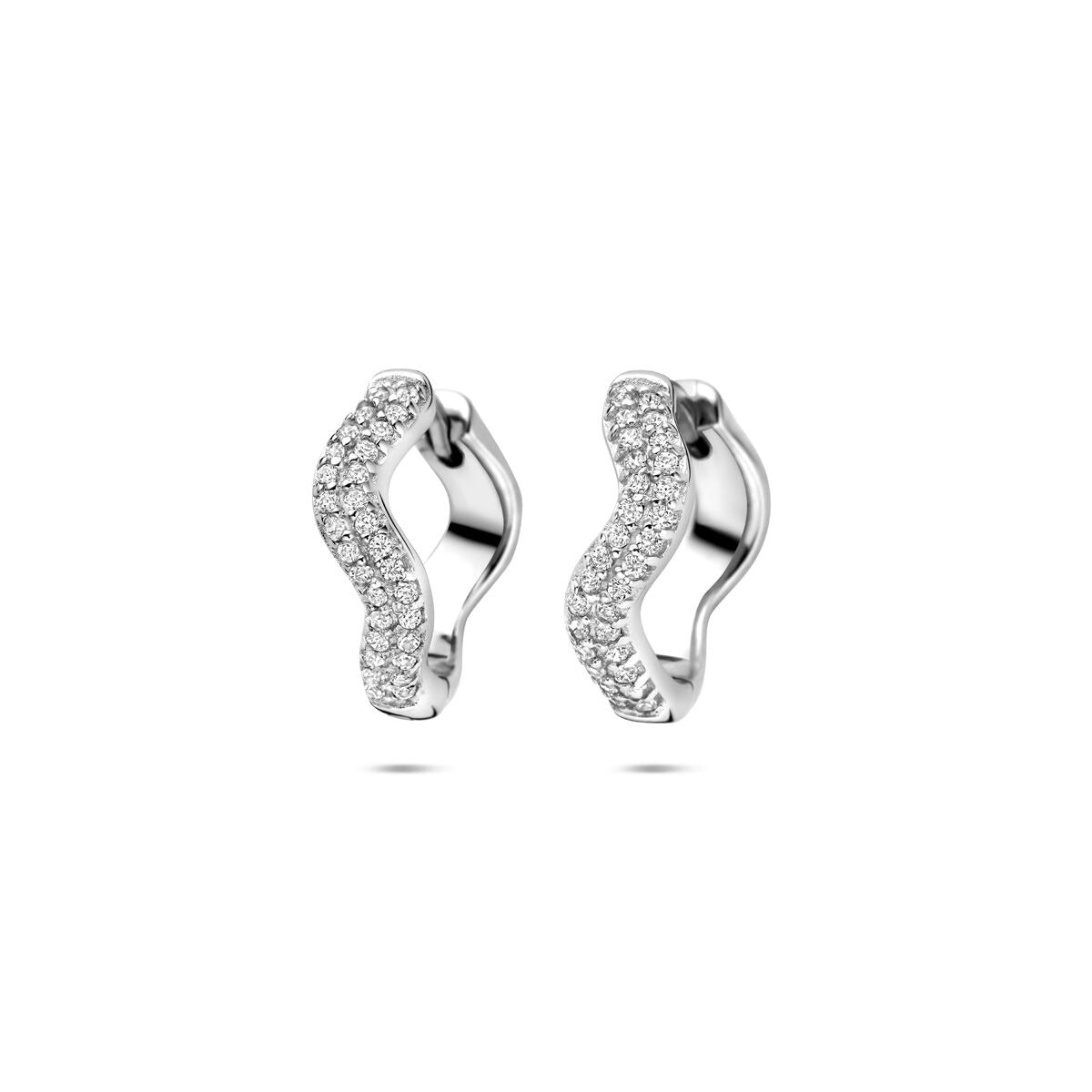 Boucles d'oreilles en argent rhodié 925, de forme ondulée, ornées de zirconia, mesurant 15 mm.