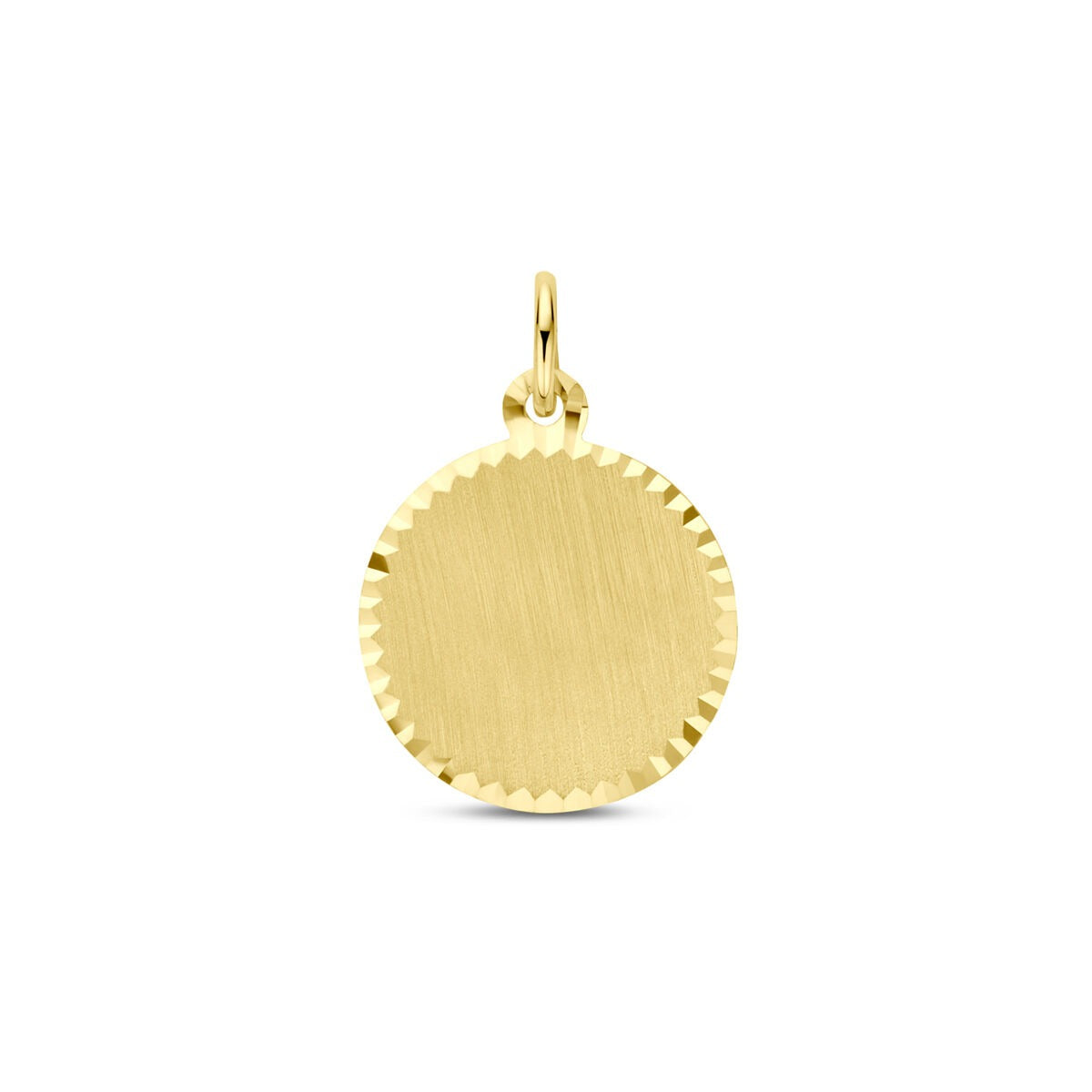 Pendentif en or jaune 9 carats, rond avec finition striée et bords dentelés.