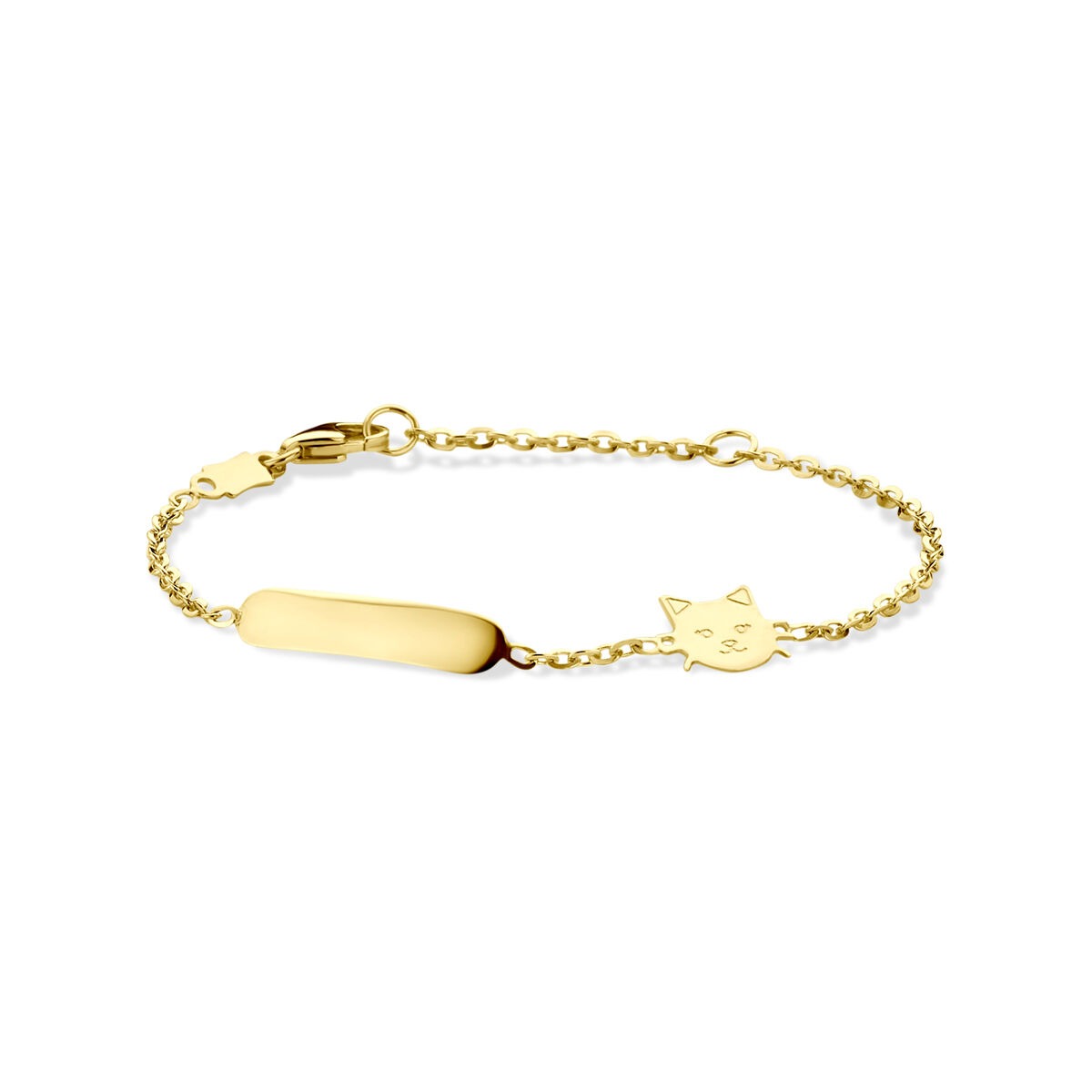 Bracelet en or jaune 14 carats avec un motif de chat et une plaque pour gravure, longueur 11 - 13 cm.