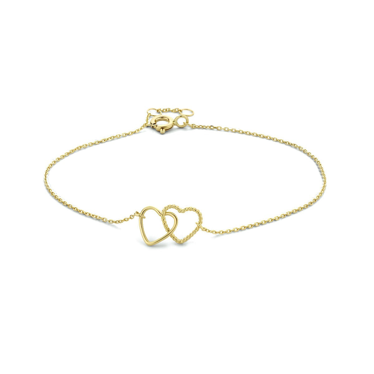 Bracelet en or jaune 9 carats avec deux cœurs entrelacés.