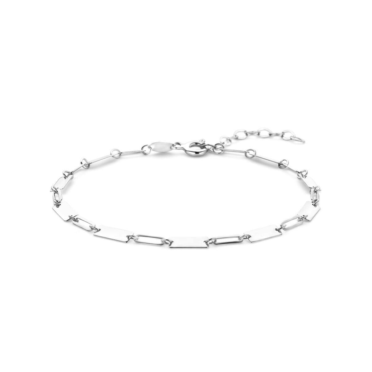 Bracelet argenté avec maillons en forme de goupille.
