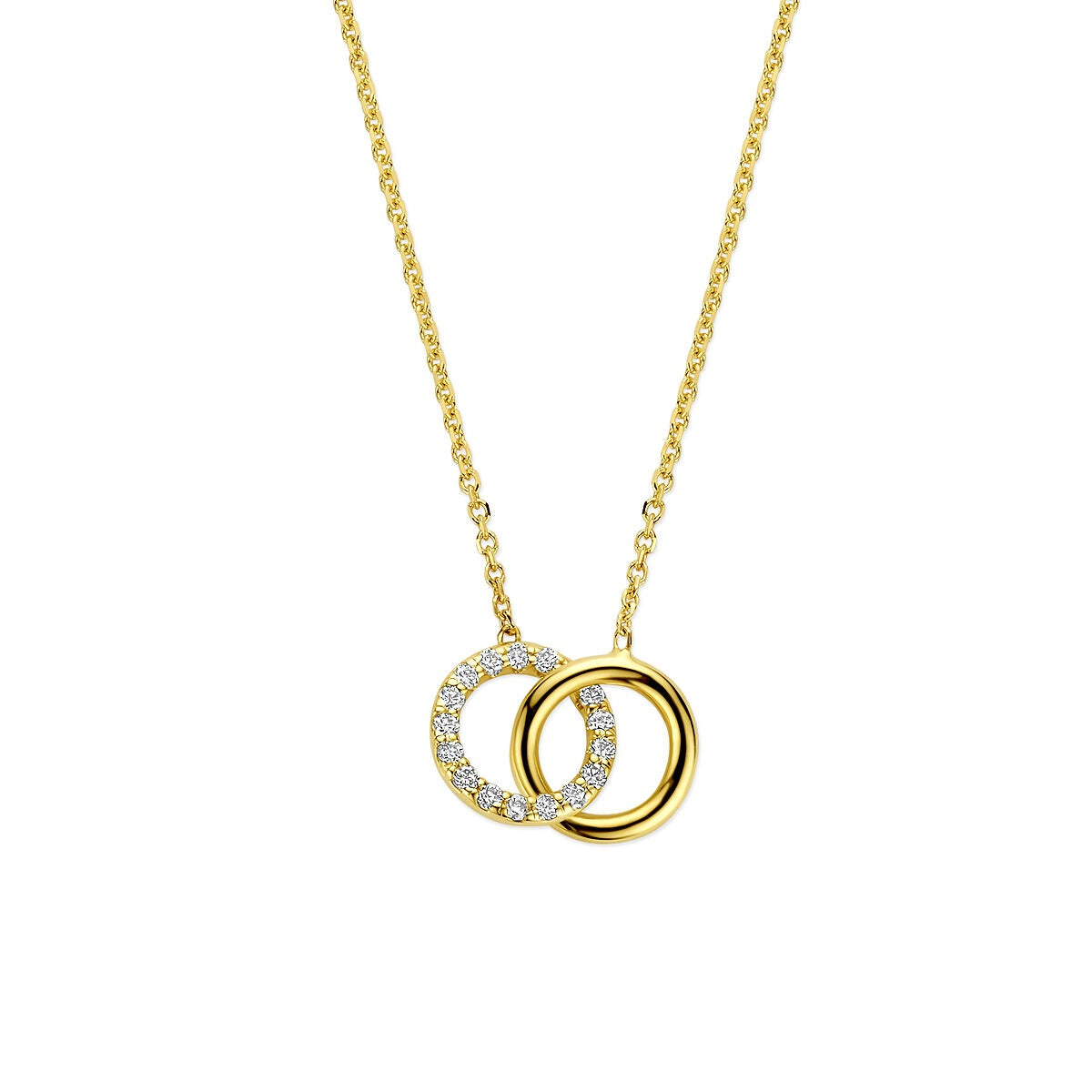 Collier en or jaune 14 carats avec deux anneaux, l'un serti de diamants lab-grown de 0,09 ct.