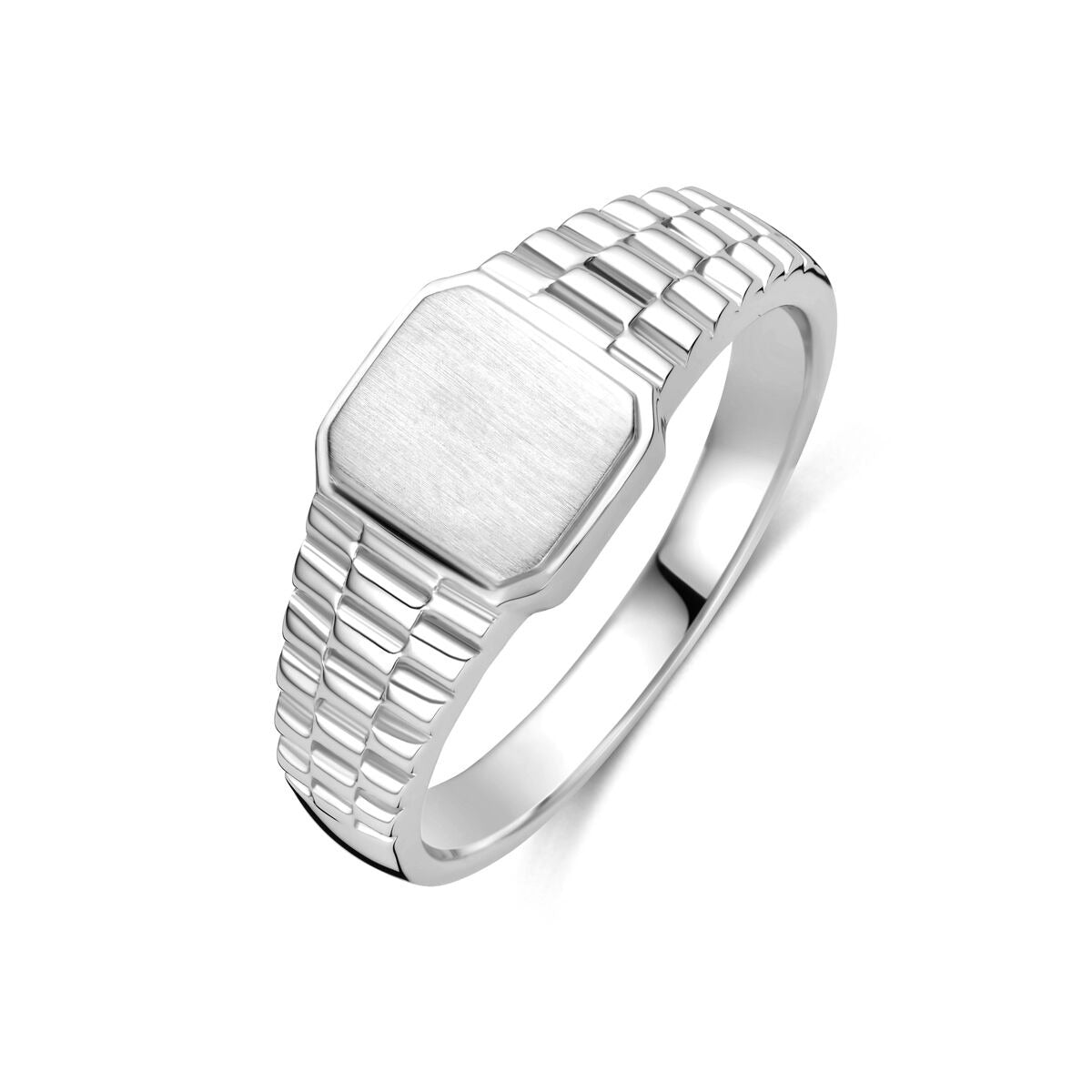 Bague en argent 925 rhodié pour homme avec un design octogonal et un bracelet texturé.