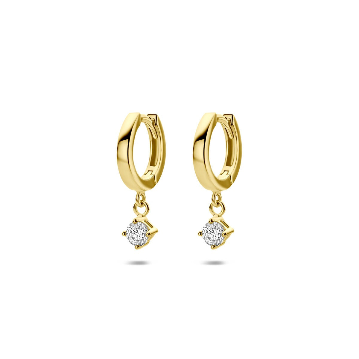 Boucles d'oreilles en or jaune 14 carats avec zirconia, forme ronde et pendantes.