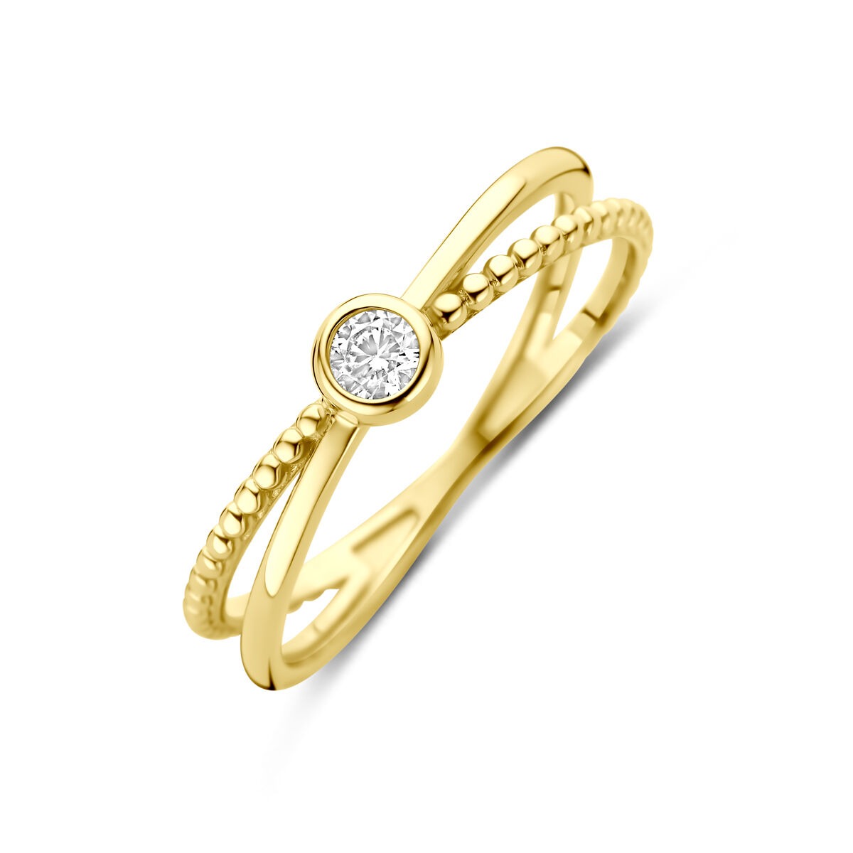 Bague en or jaune 9 carats avec un zirconia central et un design délicat.