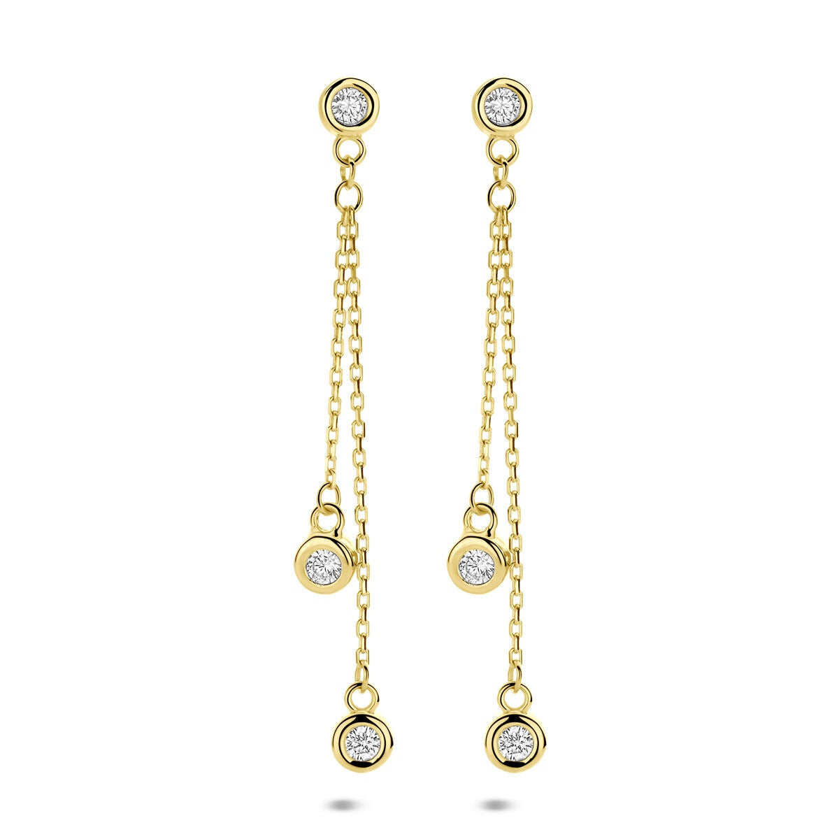 Boucles d'oreilles en or jaune 14k avec des zircons, suspendues par des chaînes délicates.