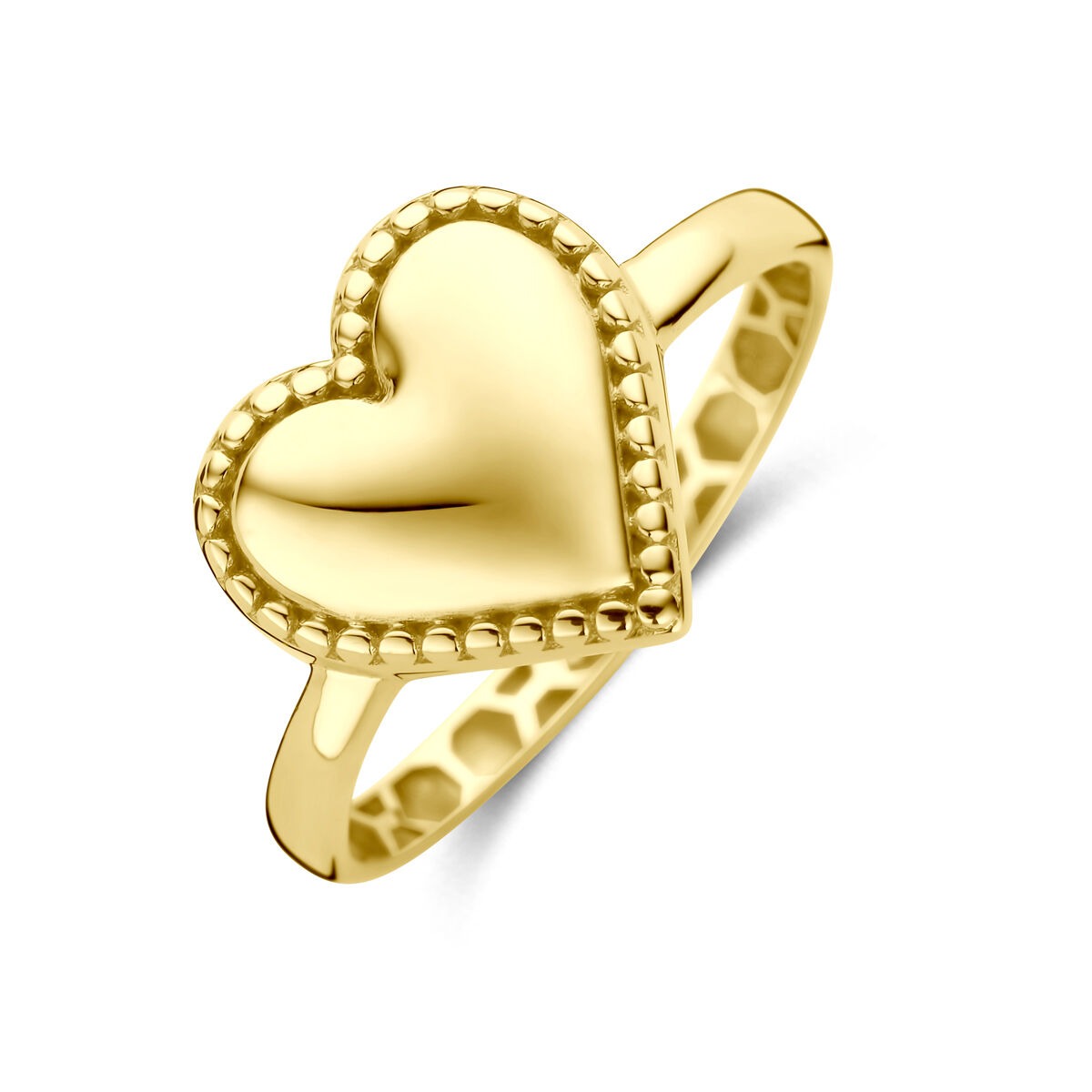 Bague en or jaune 14 carats en forme de cœur avec un design en relief.