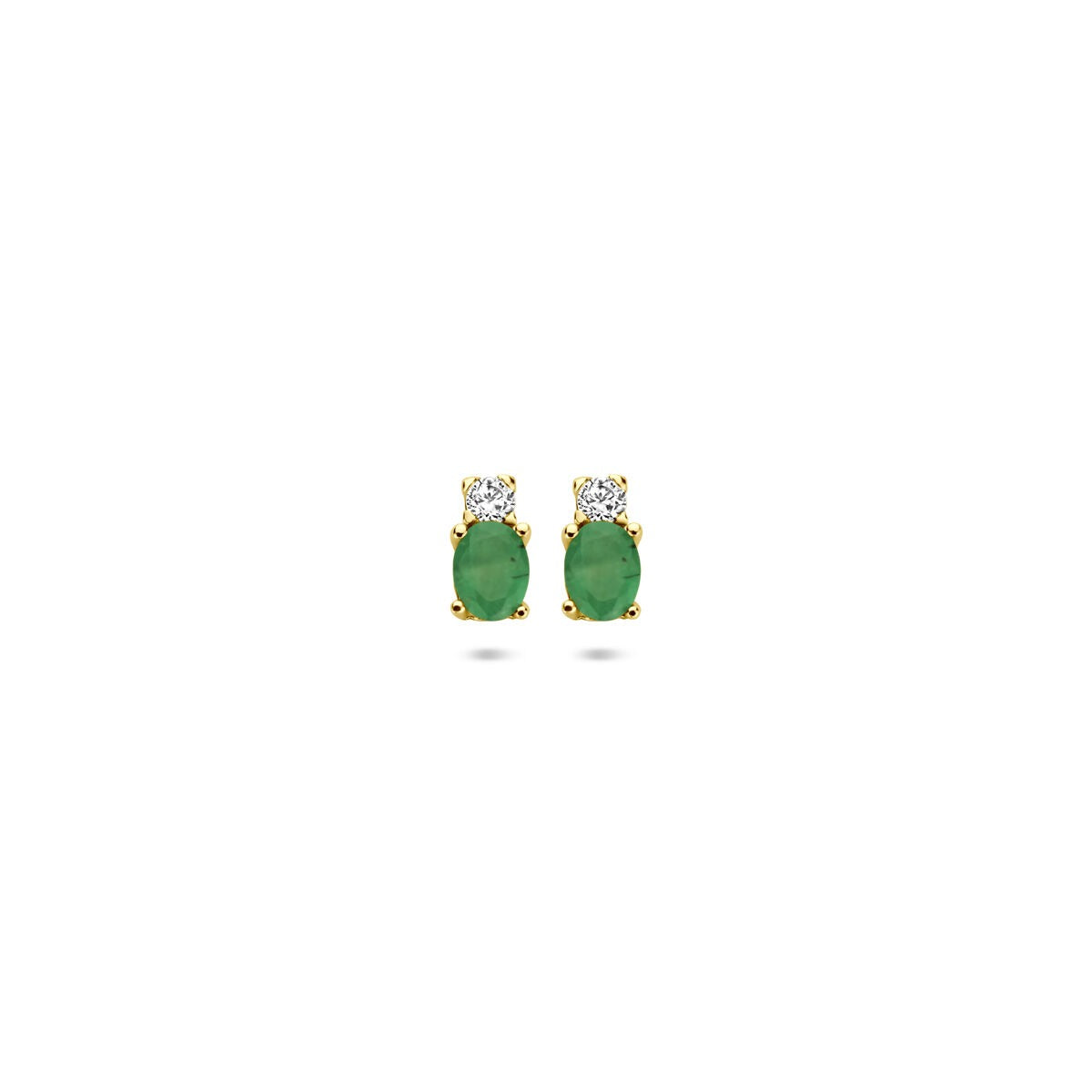 Boucles d'oreilles en or jaune 14 carats avec émeraudes et zirconiums, dimensions 6 x 3 mm.