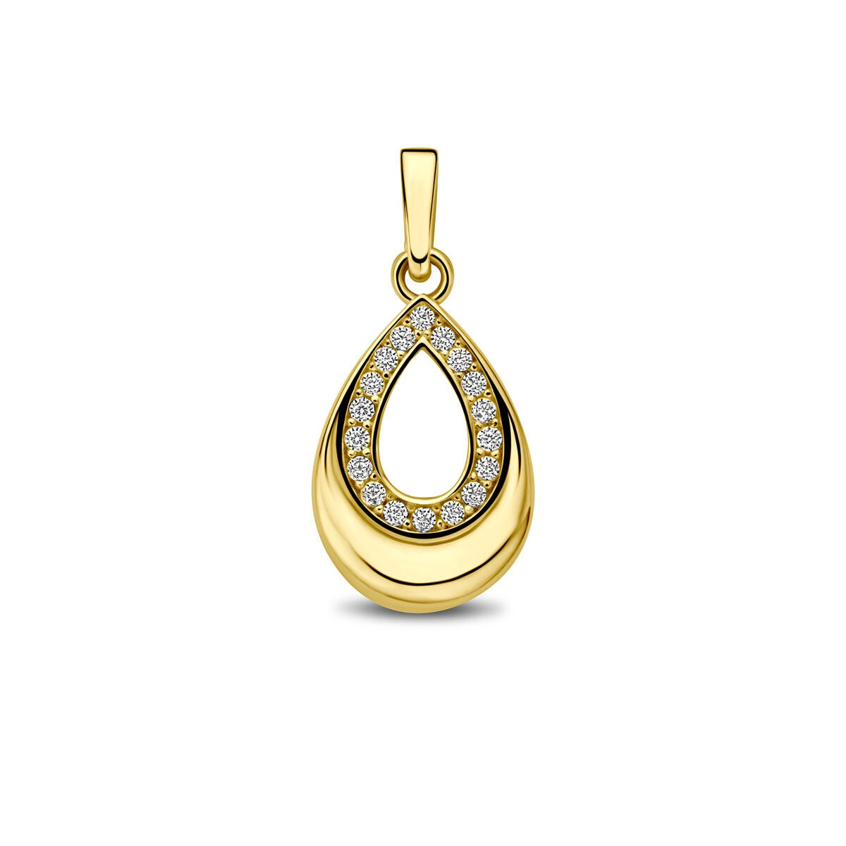 Pendentif en or jaune 9 carats en forme de goutte avec zircons.